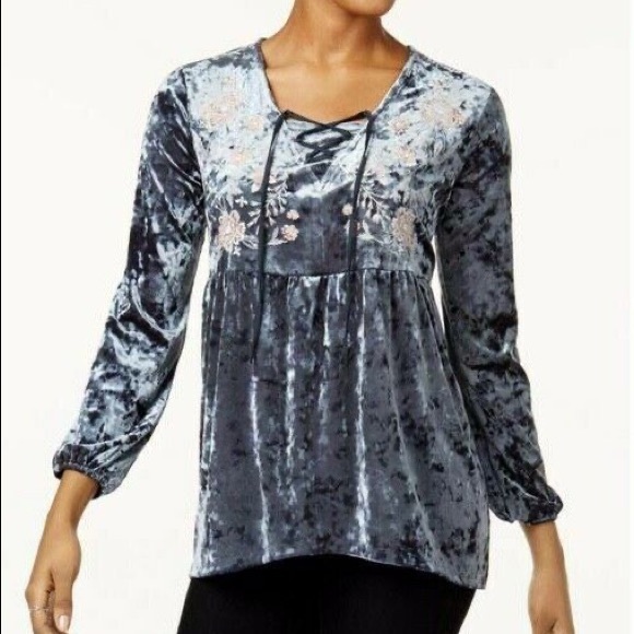 NWT Style & Co Velvet Embroidered Peasant Blouse - Picture 1 of 14